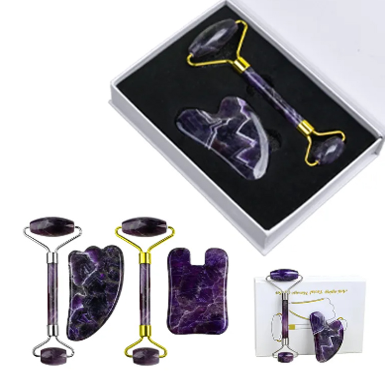 Természetes ametiszt Jade Roller és Gua Sha arcmasszázskészlet
